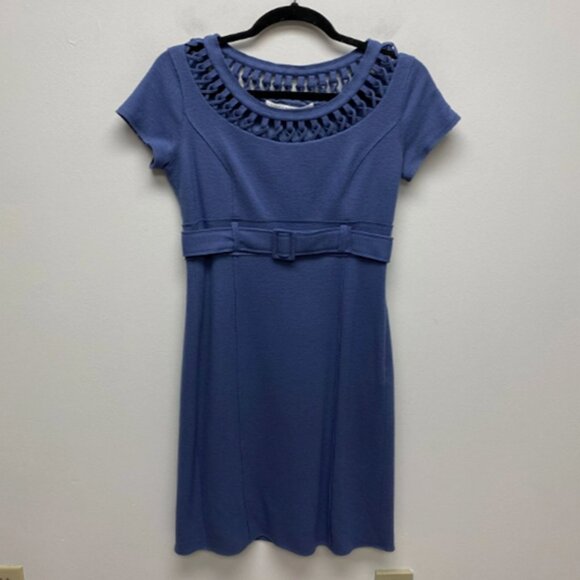 Susana Monaco Womens Blue Wool Crew Short Sleeve Belted Pullover Sheath Dress 6 - Picture 1 of 5